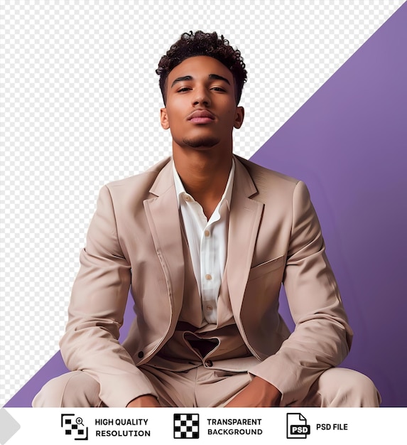 PSD potrait young man with curly hair and white shirt sitting on a chair against a purple wall with a small ear visible and a hand resting on the armrest png psd