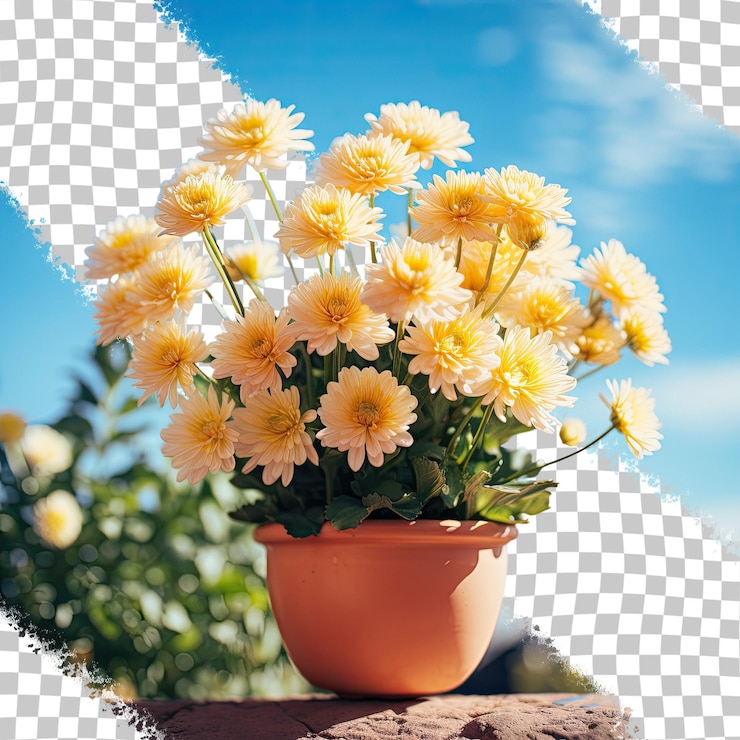 PSD potted yellow chrysanthemum plant with blue sky viewed from below transparent background