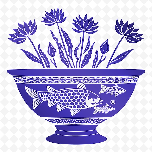 PSD contorno di ciotola di ceramica con disegno di pesce e accento di giglio d'acqua illustrazione cornici collezione di decorazione