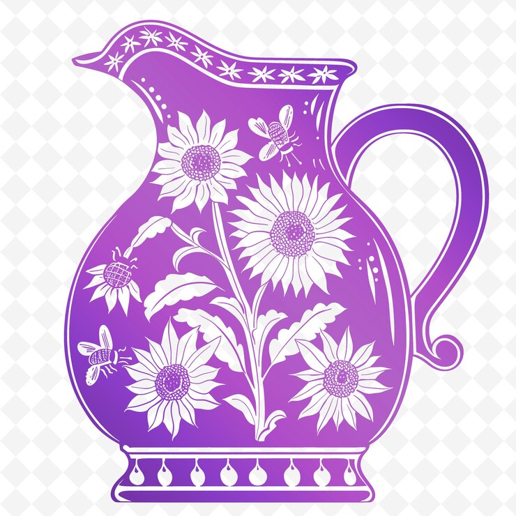 PSD pottery pitcher outline with sunflower design and bee accen illustration frames decor collection