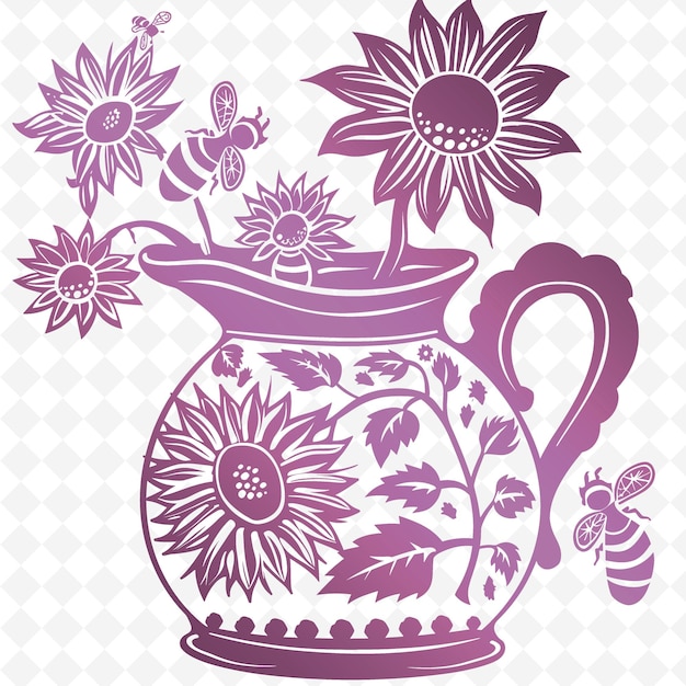 PSD pottery pitcher outline with sunflower design and bee accen illustration frames decor collection