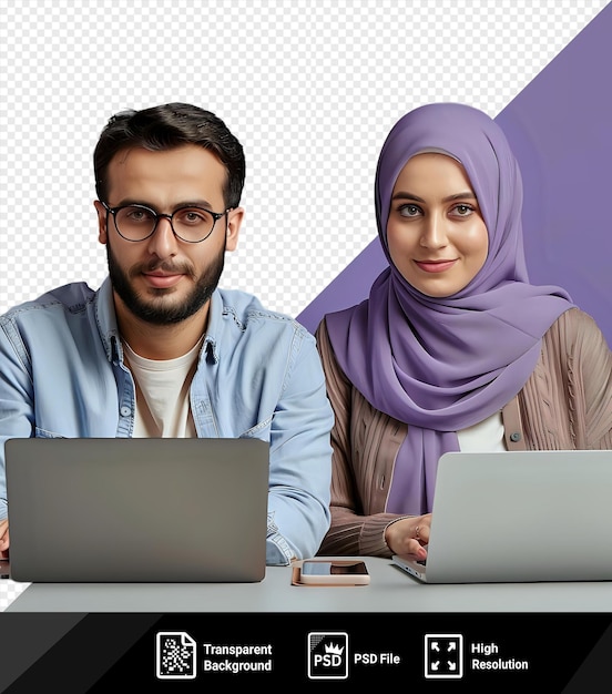 PSD poważny mężczyzna i jego skoncentrowana koleżanka siedzą przy stole i piszą na swoich laptopach z mężczyzną w niebieskiej koszuli i czarnych okularach i kobietą w fioletowym szalu i png psd