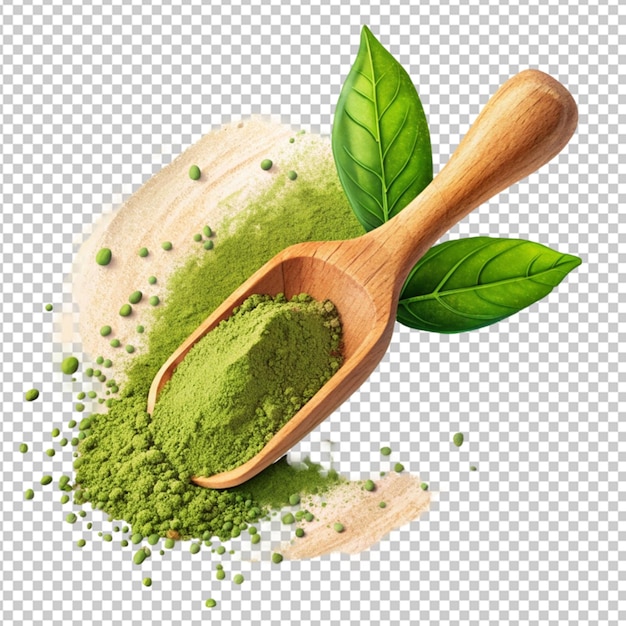 Powdered green tea with bamboo spoon isolated on alpha layer png