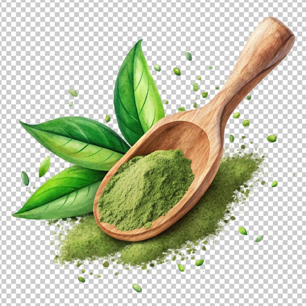 Powdered green tea with bamboo spoon isolated on alpha layer png