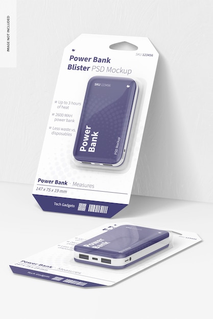 Power bank blisters mockup, leaned and dropped