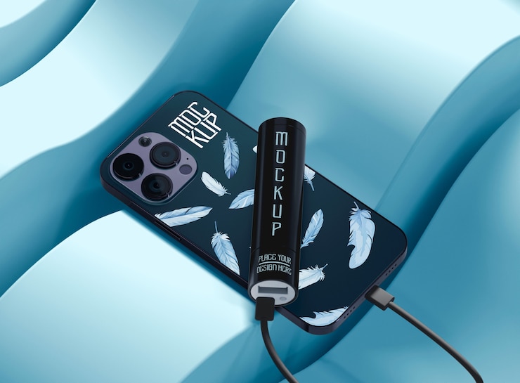 PSD power bank mockup with smartphone