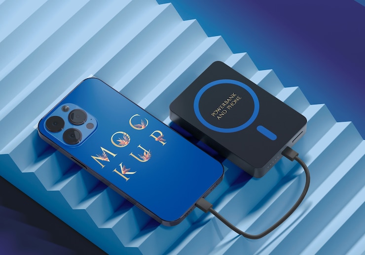 PSD power bank mockup with smartphone