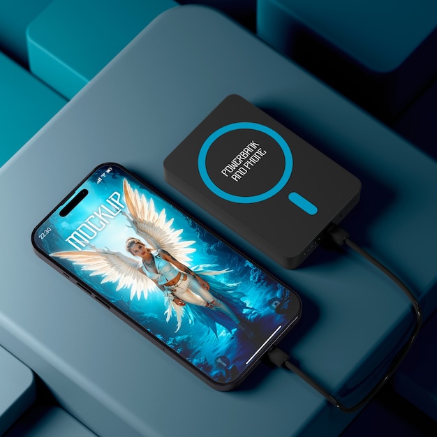 Power bank mockup with smartphone