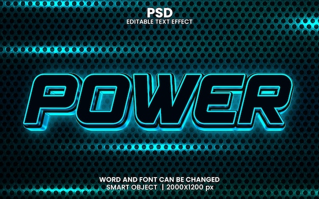 Power blue 3d effetto di testo modificabile in photoshop con sfondo moderno