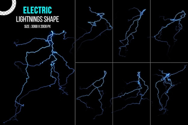 Power elektrische energie bliksem vonk en blauwe onweersbui bliksem set