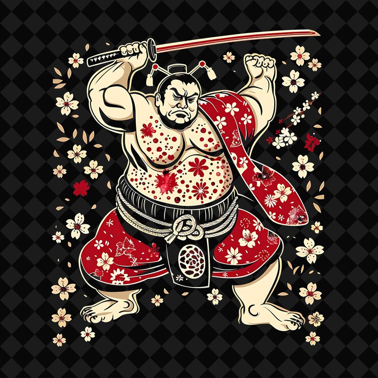 PSD powerful asian yak sumo portrait wielding a kanabo with a mi illustration animal warrior character