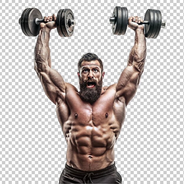 PSD powerful brutal adult bearded male in sportswear transparent background