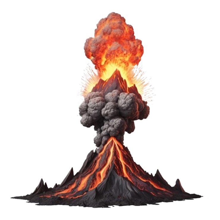 PSD a powerful eruption of a volcano with flowing lava and spewing ash