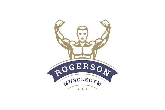 powerful male athlete muscular biceps raising hands vintage monochrome logo design template