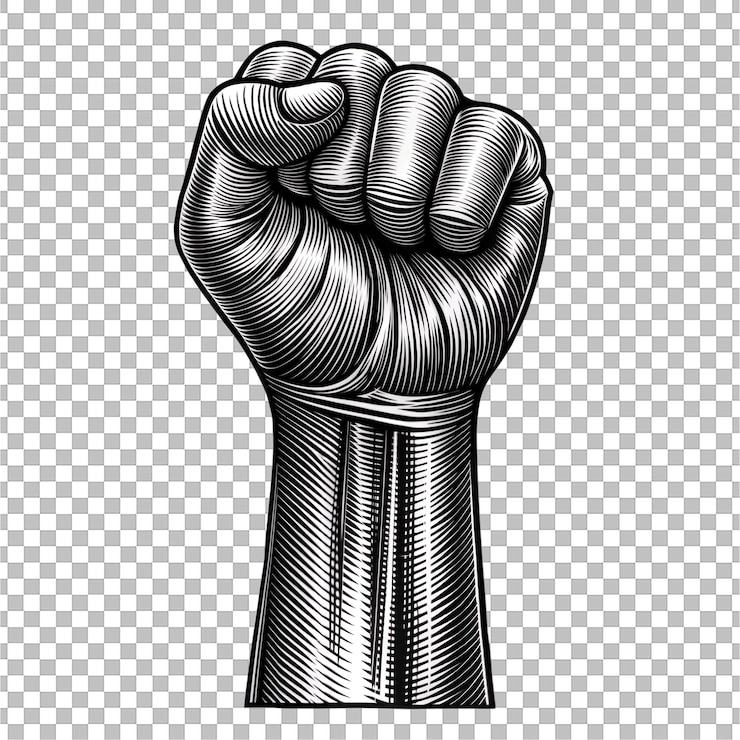 PSD powerful raised fist engraving illustration
