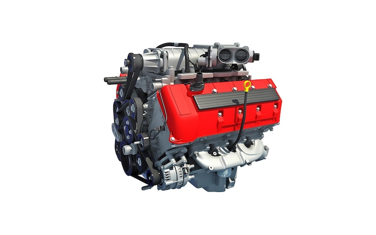 PSD powerful red automotive engine with supercharger
