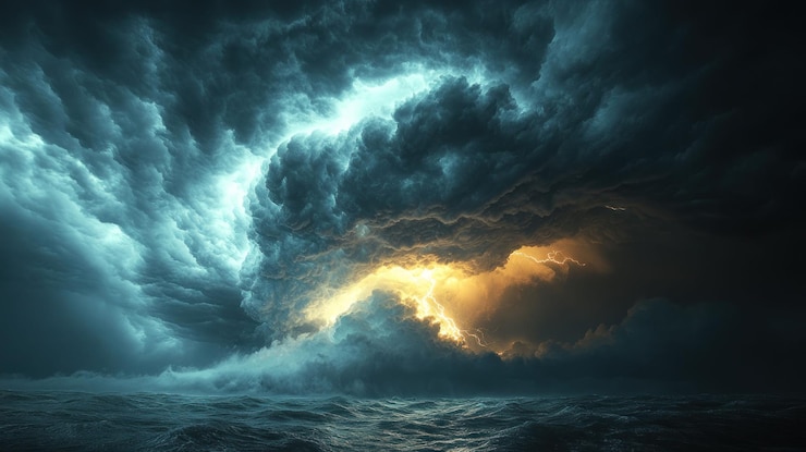 PSD a powerful storm rages over a stormy sea with lightning illuminating the dark clouds overhead