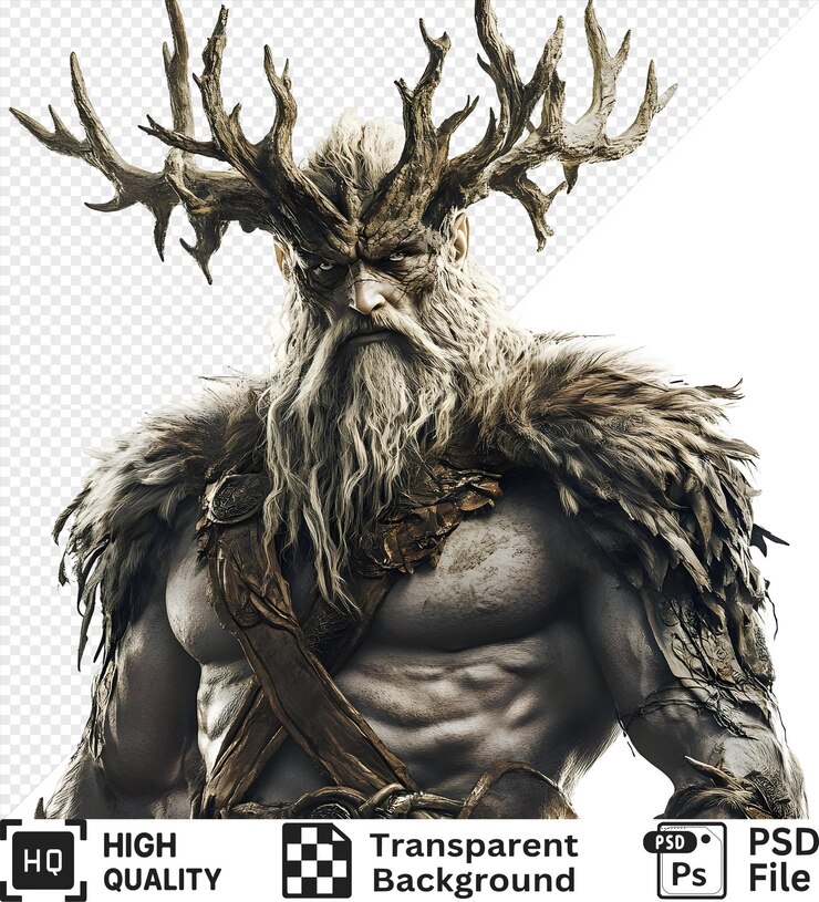 PSD powerful warrior with long white beard and antler crown isolated on a transparent background