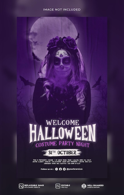 PSD powitanie halloween party night banner media społecznościowe i szablon opowieści na instagramie premium psd