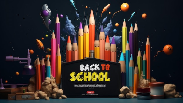 PSD powrót do kreatywnego banera szkolnego wystrzelenie statku rakietowego wykonanego ołówkami koncepcja edukacji cyfrowej uczenia się online generative ai