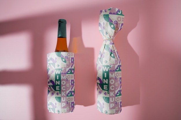 PSD powyżej widok butelek wina zawiniętych w kolorowy papier