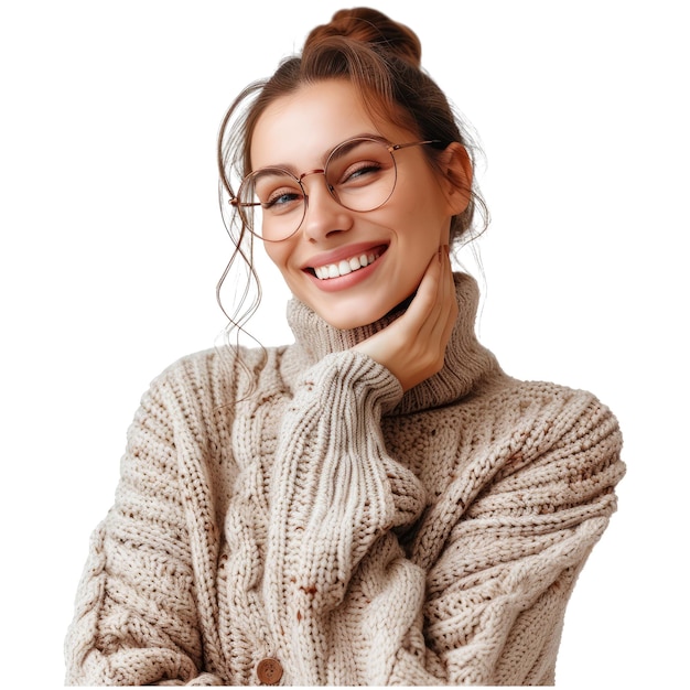 PSD pozytywna kobieta wesoła nosi wygodny sweter pobiera fajne aplikacje edytuje zdjęcia pozuje
