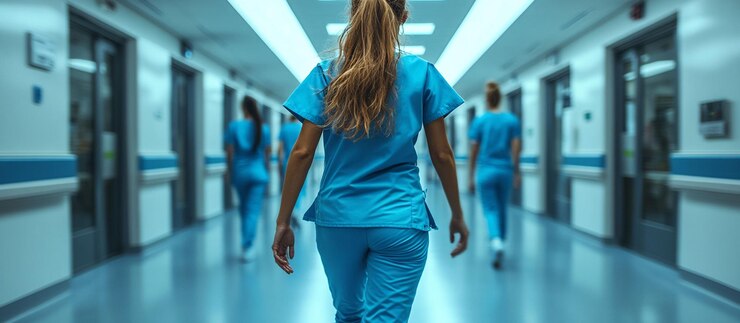 Pracownicy służby zdrowia idący korytarzem szpitala