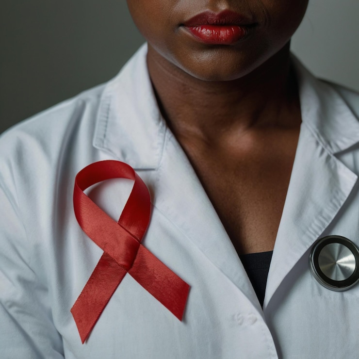 PSD pracownik służby zdrowia pokazujący czerwoną wstążkę jako symbol hiv-aids