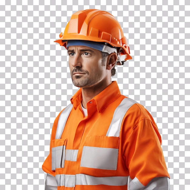 PSD pracownik w pomarańczowych ubraniach i twardym hełmie izolowany na przezroczystym tle