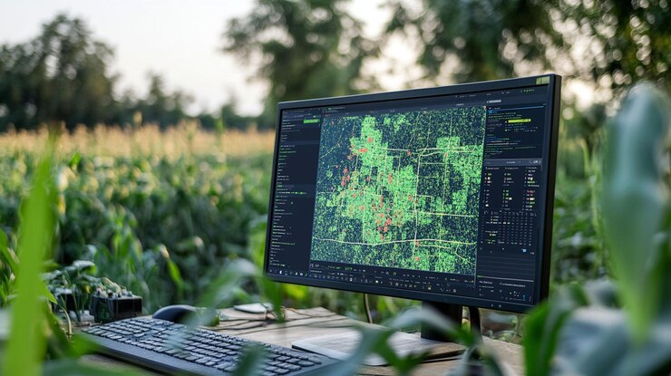 PSD precision agriculture technology displayed on a computer screen in a cornfield