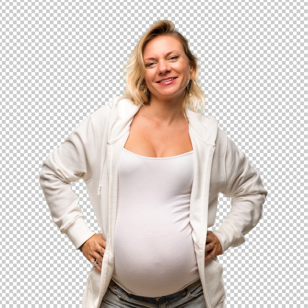 PSD pregnant blonde woman with white sweatshirt posing with arms at hip