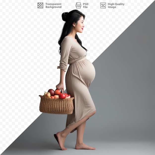 PSD a pregnant woman is carrying a basket of apples.