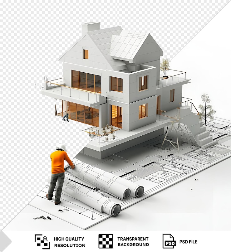 PSD premium of 3d architect cartoon designing a building featuring a white house with a large window surrounded by a small tree and a person wearing an orange shirt and black pants