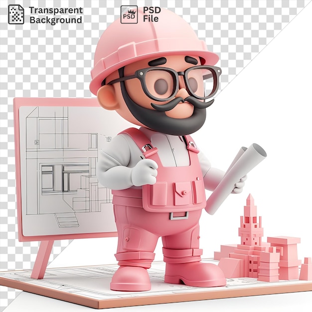 Premium of 3d architect cartoon designing innovative buildings while holding a toy and wearing a pink helmet with a black face and pink leg visible in the foreground