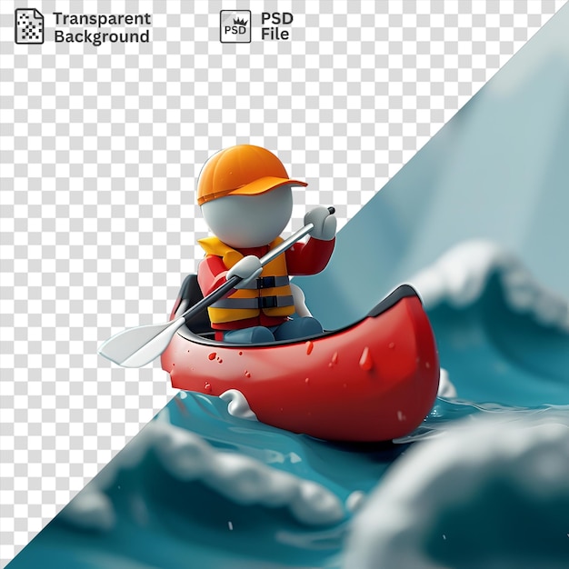 PSD premium di 3d canoa navigando rapide in un kayak rosso accompagnato da un giocattolo e un cucchiaio bianco e argento