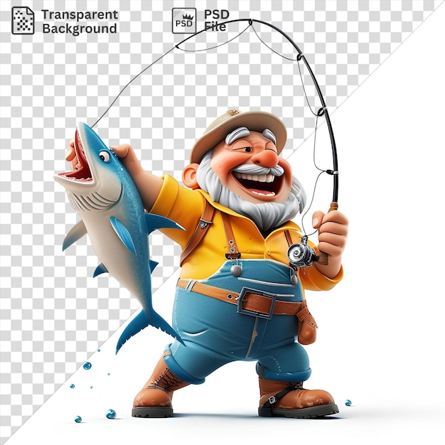 PSD premium di 3d deep sea pescatore cartone animato avvolto in una massiccia cattura di un pesce blu indossando un cappello marrone e marrone cintura marrone e stivali marroni con una mano visibile nel