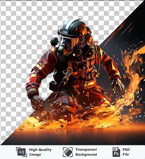 PSD premium 3d firefighter bravely fighting a fire wearing a black helmet and glove with a black poster in the background