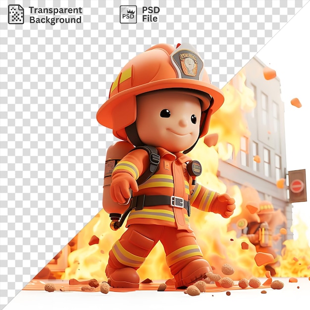 PSD premium di cartoni animati di pompieri 3d che combattono un incendio di edificio in fiamme