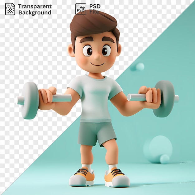 PSD premium of 3d fitness trainer cartoon leading a dynamic workout session with a toy wearing a white