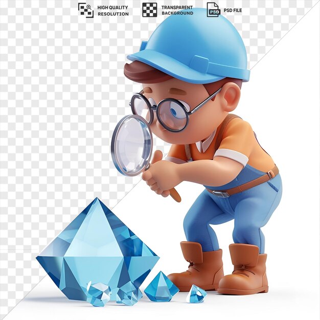 PSD premium of 3d jeweler cartoon inspecting a gem with a magnifying glass wearing a blue hat black glasses and brown boots while holding a toy