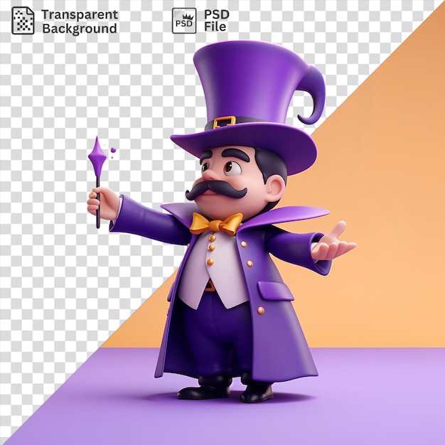 Premium of 3d magician cartoon performing tricks with a purple hat and yellow bow tie holding a wand against an orange wall backdrop with a hand visible in the foreground