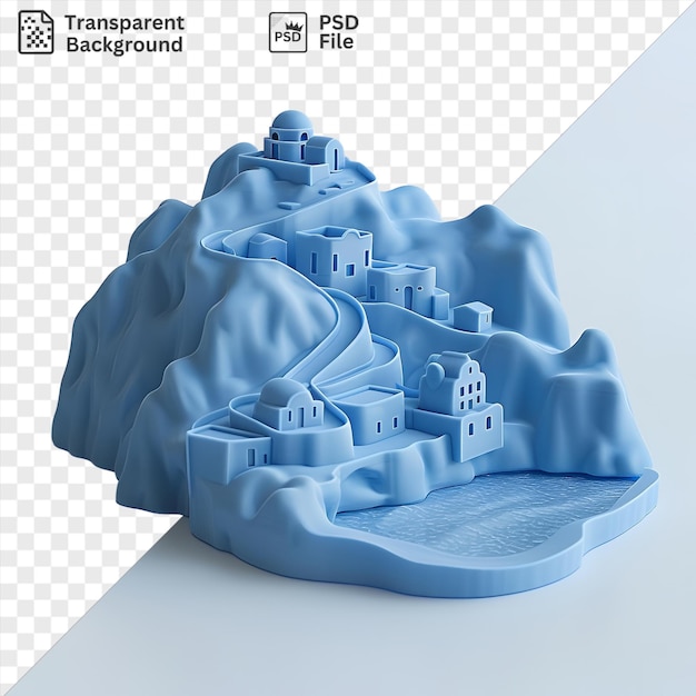 PSD premium of 3d model of the santorini caldera featuring a white and blue building