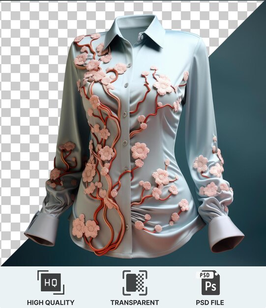 Premium 3d model of a white dress adorned with pink flowers and a white collar accompanied by a silver button set against a blue background