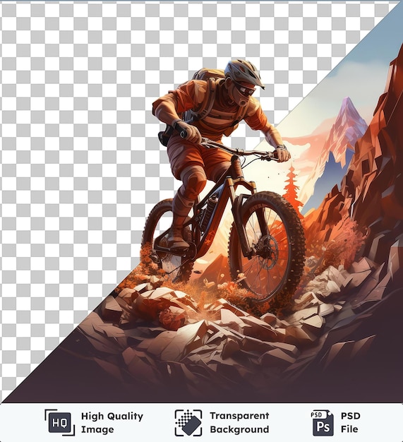 PSD premium di cartoni animati di mountain biker 3d conquistando sentieri di discesa impegnativi circondati da montagne torreggianti e un cielo blu limpido indossando un casco bianco e guidando una bicicletta nera con una ruota nera