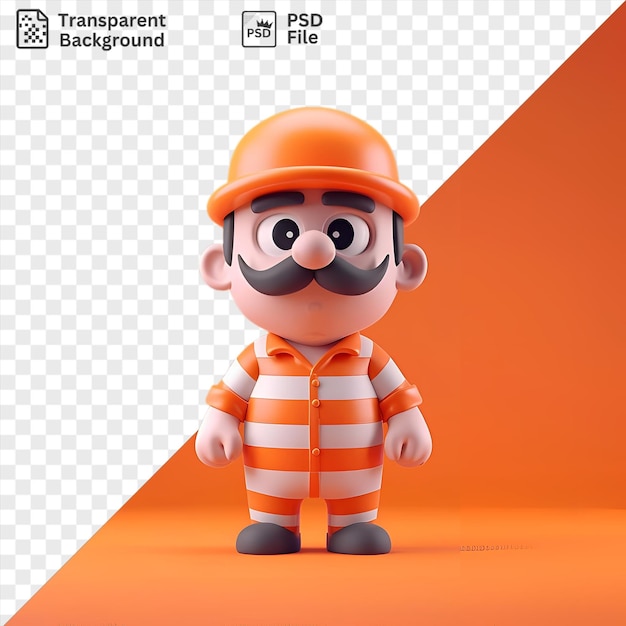 PSD premium of 3d prison guard cartoon monitoring prisoners with orange helmet and black face standing on gray and black feet with a white hand and long arm visible and a white ear in the background