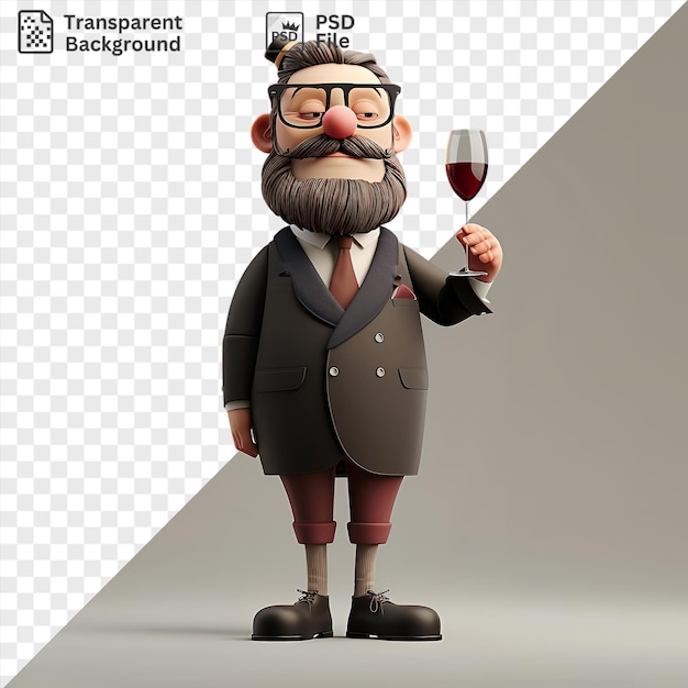 PSD premium of 3d sommelier tasting wine with a red glass dressed in a gray and black suit pink tie and black glasses standing in front of a gray and white wall