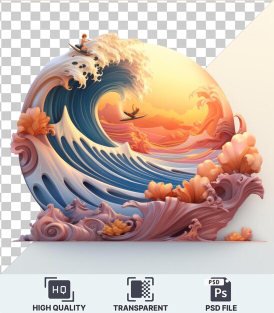 PSD un cartone animato premium di surfisti 3d che catturano un'onda al tramonto