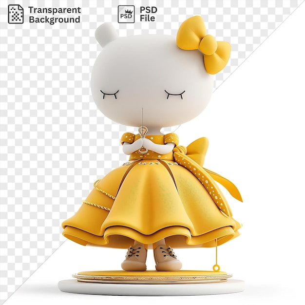 PSD premium of 3d tailor cartoon sewing a dress on a yellow base accompanied by a yellow bow and a yellow and white toy while a black eye and a white face peek out from behind the