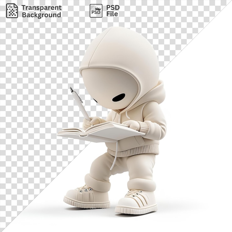 PSD premium of 3d writer cartoon writing a book while wearing a white helmet and holding an open book with a white toy nearby and a black eye visible in the background