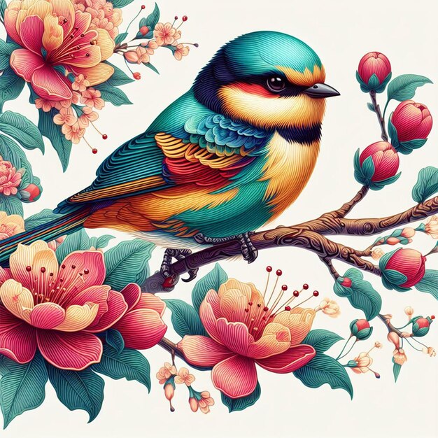 Premium ai image brightly colored bird sitting on a branch of a tree with flowers